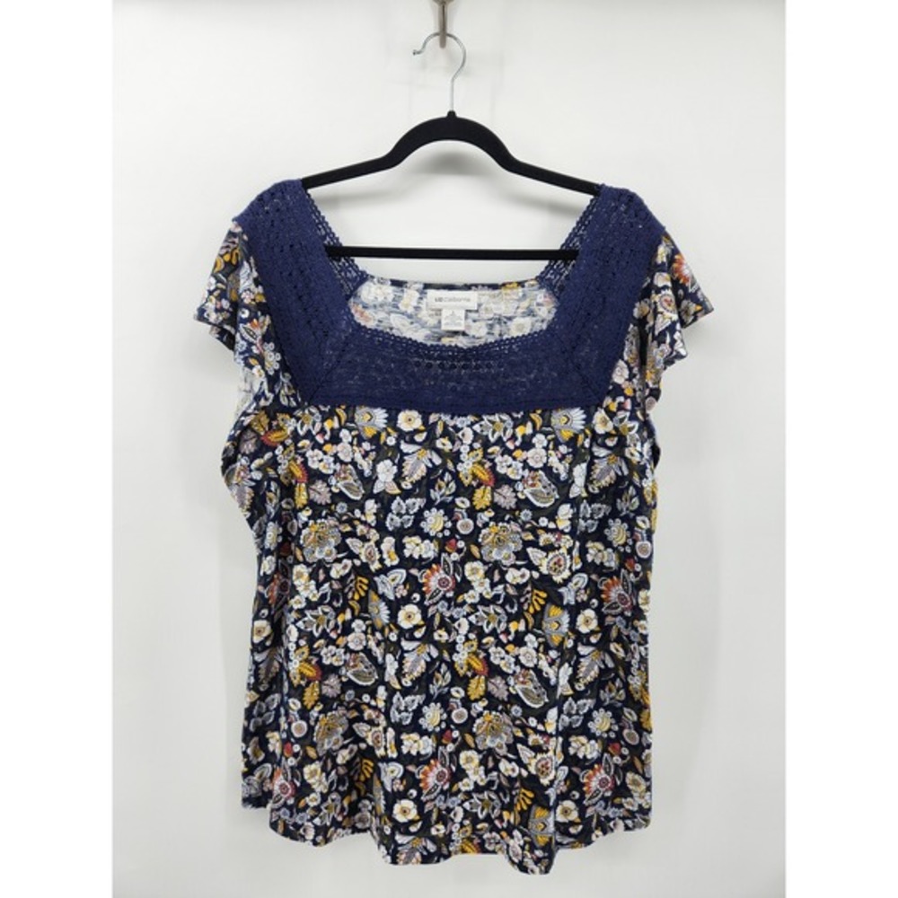 Liz Claiborne Floral Print Top Lace Trim Square Neck Short Sleeve Blouse Large